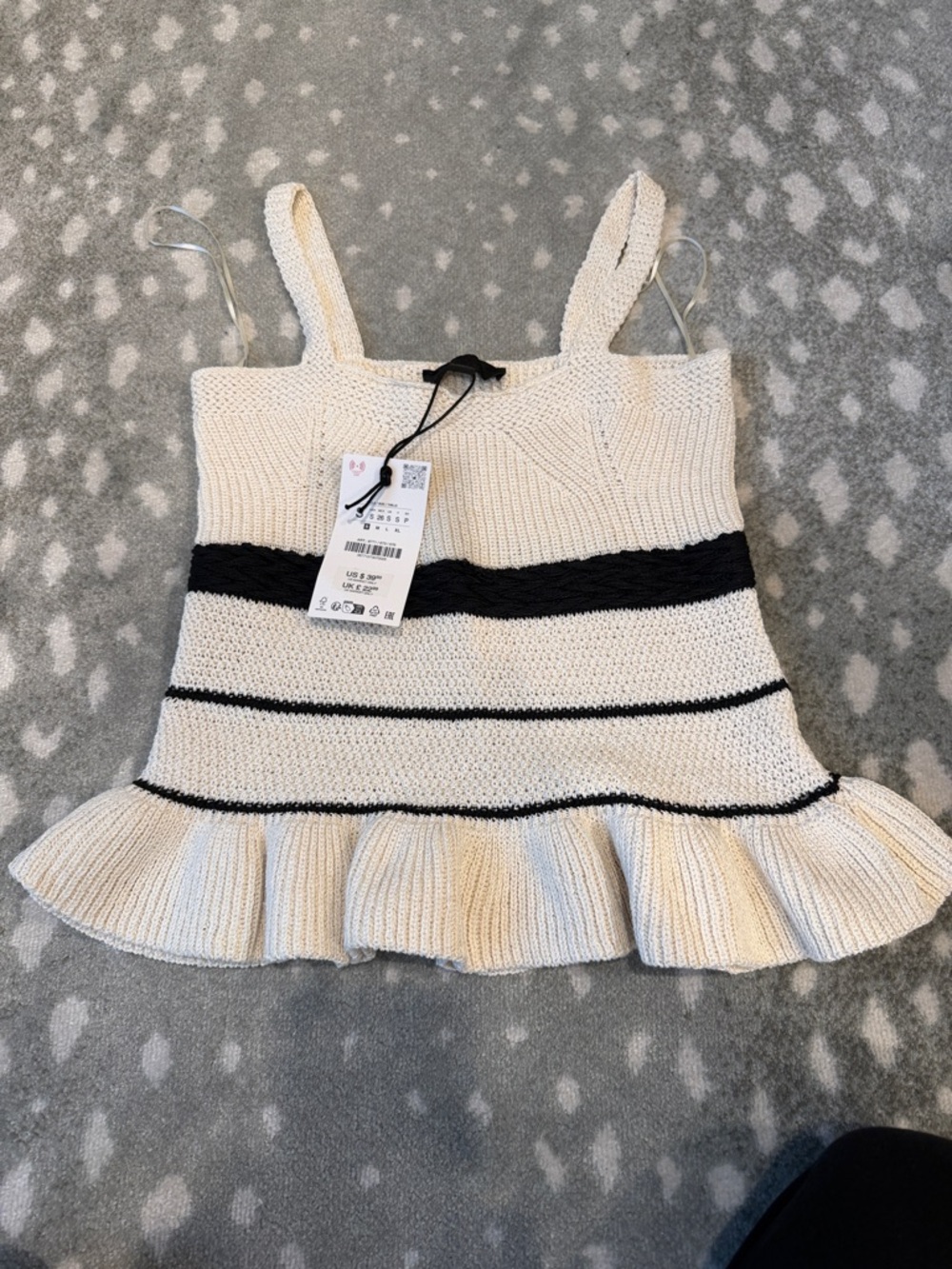 Cream Knit Ruffle Hem Tank with Black Stripes - Zara size small